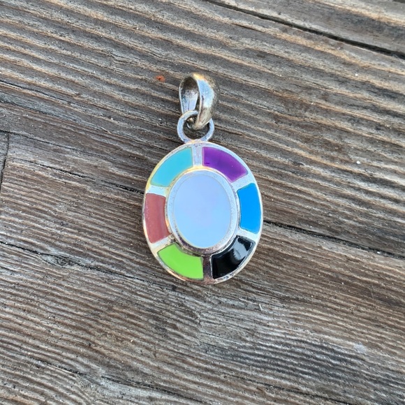 Multi Color Stone Inlay Oval Pendant - Picture 1 of 4